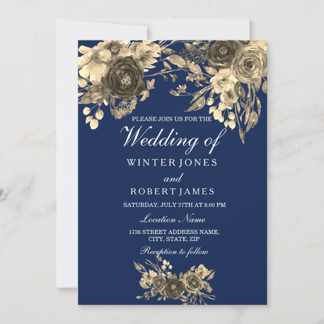 Elegant Gold Floral Navy Blue Wedding Einladung (Vorderseite)
