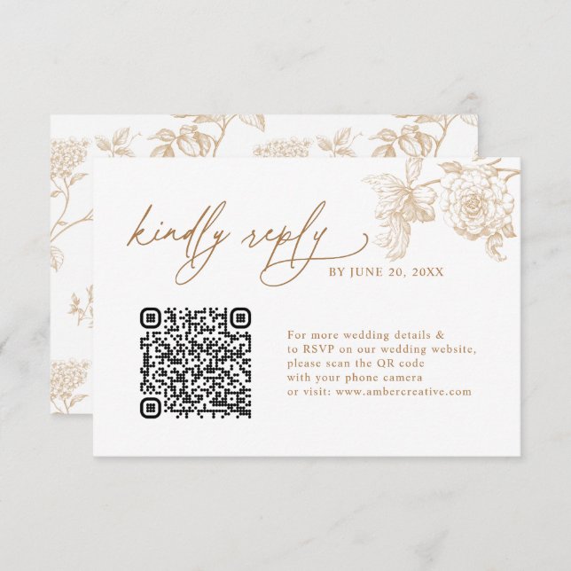 Elegant Gold Floral QR code Wedding RSVP Cards (Vorne/Hinten)