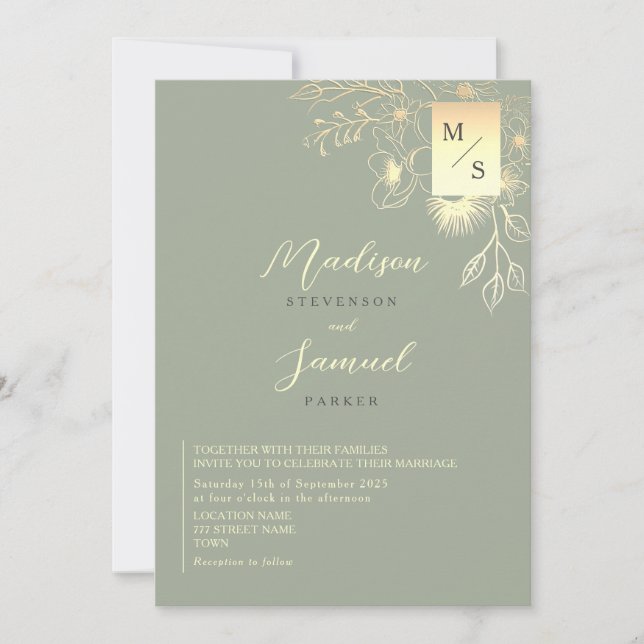 Elegant Gold Floral Sage Green Wedding Einladung (Vorderseite)