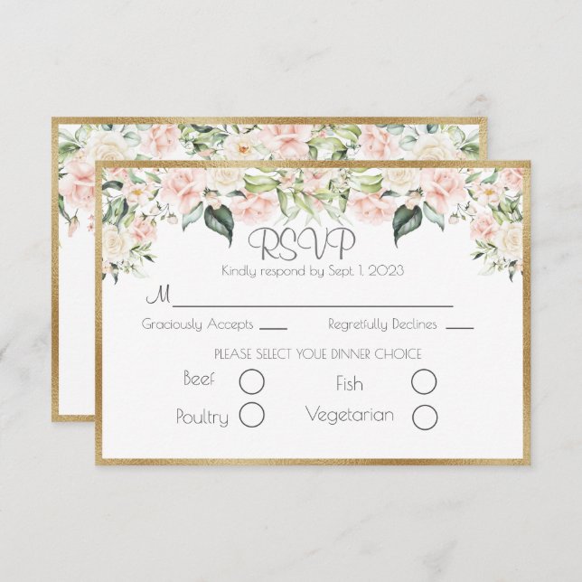 Elegant Gold Floral Script Wedding RSVP (Vorne/Hinten)