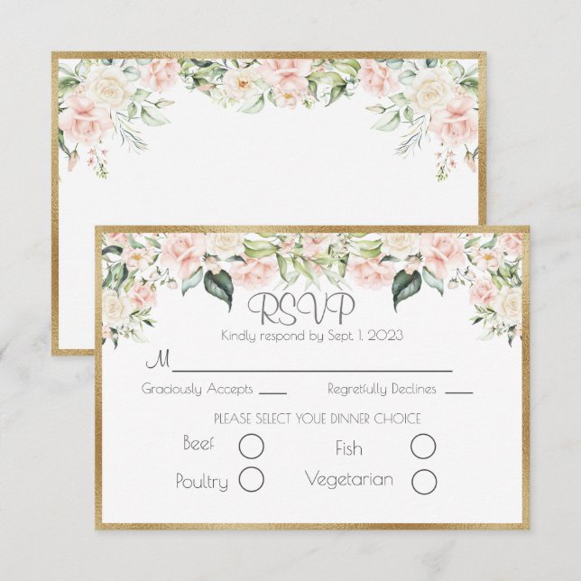 Elegant Gold Floral Script Wedding RSVP Karte (Vorne/Hinten)