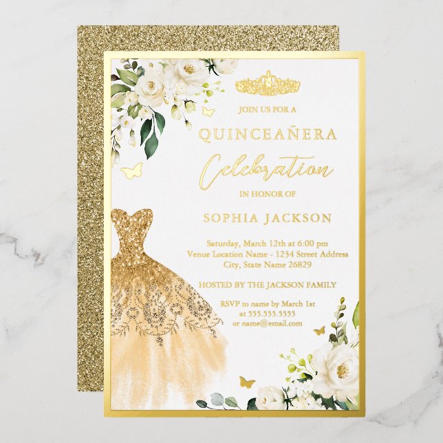 Elegant Gold Floral Tiara Kleid Quinceanera Folieneinladung (Vorderseite/Rückseite)