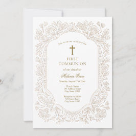 Elegant Gold Floral Traditional First Communion Einladung