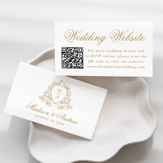 Elegant Gold Floral Wappen Wedding Website QR Code Begleitkarte (Von Creator hochgeladen)