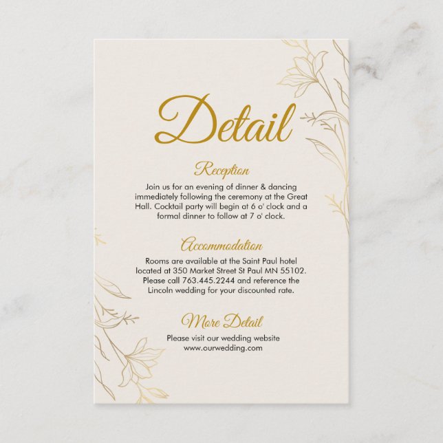 Elegant Gold Floral Wedding Details Enclosure Card Begleitkarte (Vorderseite)