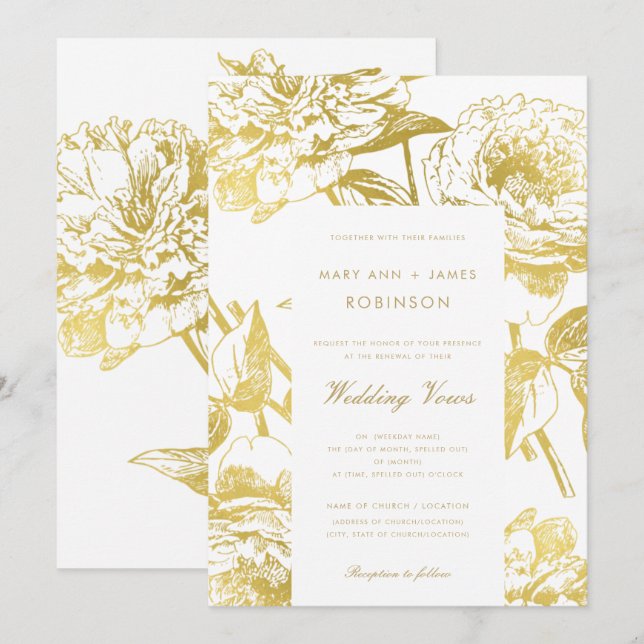 Elegant Gold Floral Wedding Vow Erneuerung Einladung (Vorne/Hinten)