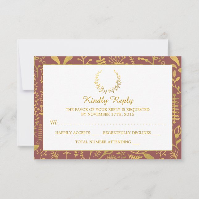 Elegant Gold Floral Wreath Wedding RSVP (Vorderseite)