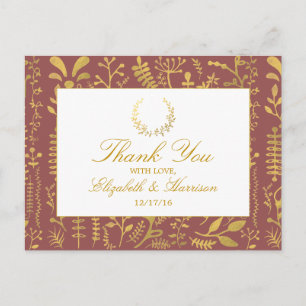 Elegant Gold Floral Wreath Wedding Vielen Dank Postkarte
