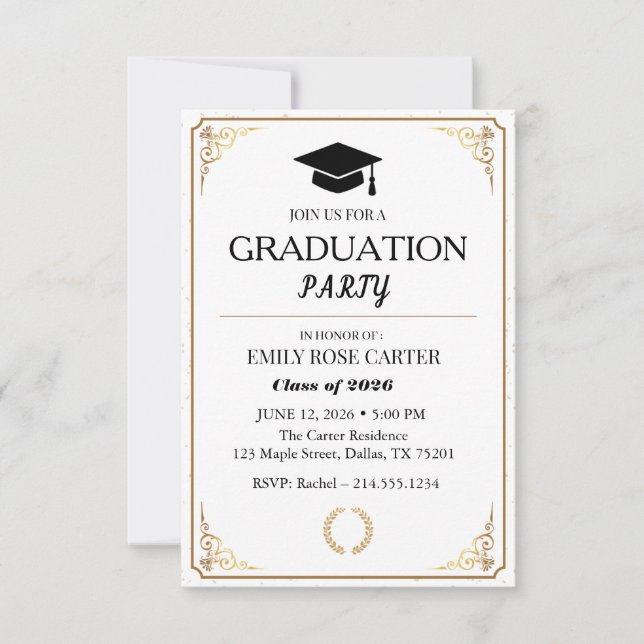 Elegant Gold Flourish Black Graduation Party  Einladung (Vorderseite)