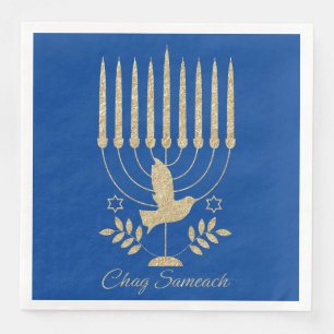 Elegant Gold Flying Dove Menorah Blue Hanukkah Serviette