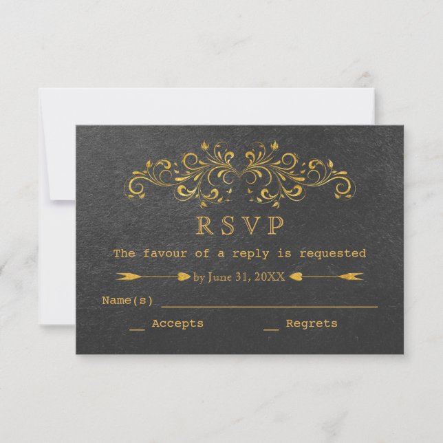 Elegant Gold Foil Blühte Black Wedding RSVP Karte (Vorderseite)