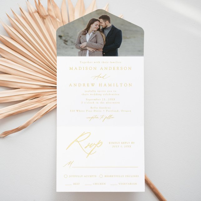 Elegant Gold Foil Calligraphy Photo Wedding All-in-One-Einladung (Von Creator hochgeladen)