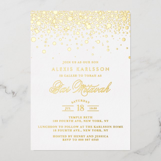Elegant Gold Foil Confetti Dots Bar Mitzvah Folieneinladung (Vorderseite)