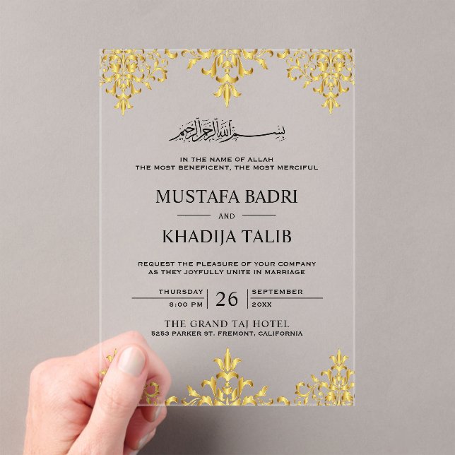 Elegant Gold Foil Damask Islamic Wedding Acryleinladungen (Insitu (Handheld))
