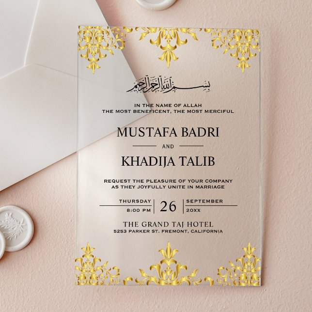 Elegant Gold Foil Damask Islamic Wedding Acryleinladungen (Von Creator hochgeladen)