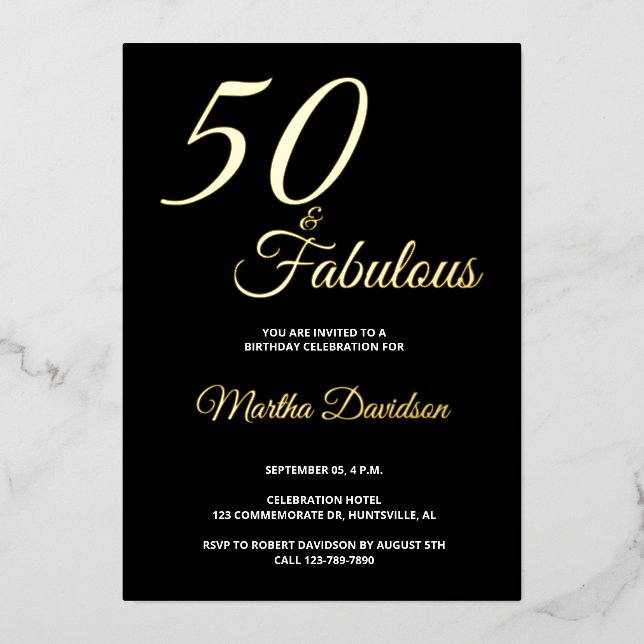 Elegant Gold Foil Fifty and Fabulous 50th Birthday Folieneinladung (Vorderseite)