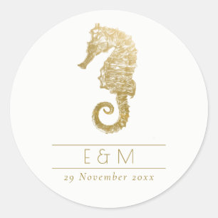 ELEGANT GOLD FOIL NAVY SEAHORSE MONOGRAM WEDDING C RUNDER AUFKLEBER