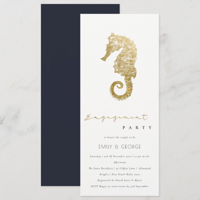 ELEGANT GOLD FOIL NAVY SEEPFERD ENGAGEMENT PARTEI EINLADUNG (Vorne/Hinten)
