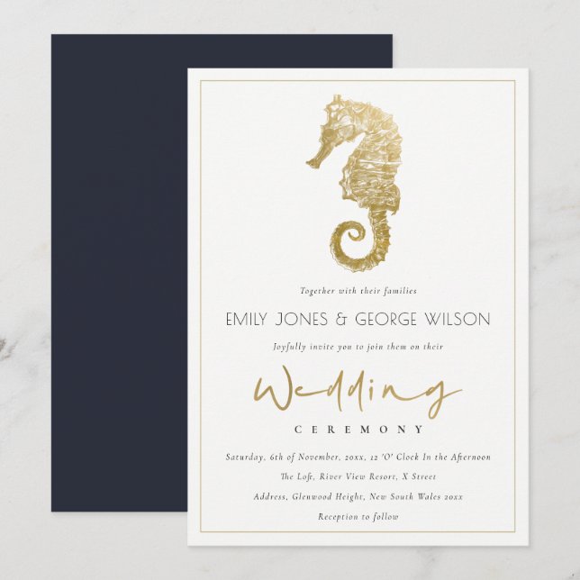 ELEGANT GOLD FOIL NAVY SEEPFERD WEDING INVITE DANKESKARTE (Vorne/Hinten)
