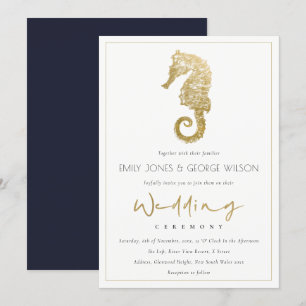 ELEGANT GOLD FOIL NAVY SEEPFERD WEDING INVITE DANKESKARTE
