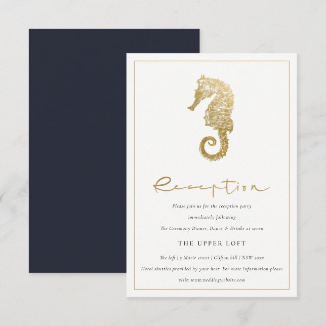 ELEGANT GOLD FOIL NAVY SEEPFERD WEDING REZEPTION BEGLEITKARTE (Vorne/Hinten)