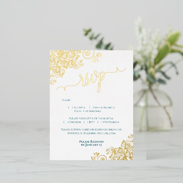 Elegant Gold Foil on Dark Teal Wedding RSVP Card Folie Einladungspostkarte (Stehend vorne)