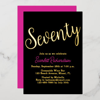 Elegant Gold Foil Pink Black 70. Geburtstagsparty Folieneinladung