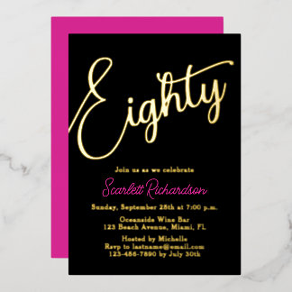Elegant Gold Foil Pink Black 80. Geburtstagsparty Folieneinladung