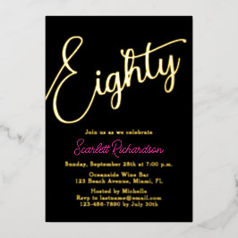 Elegant Gold Foil Pink Black 80. Geburtstagsparty Folieneinladung