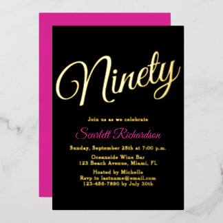Elegant Gold Foil Pink Black 90. Geburtstagsparty Folieneinladung
