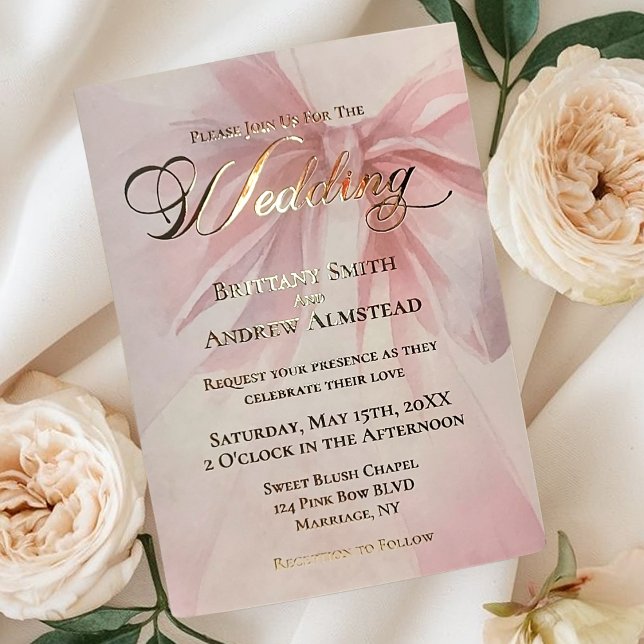 Elegant Gold Foil Pink Ribbon Wedding Folieneinladung (Elegant Watercolor Blush Pink Bow Photo Wedding Foil Invitation)