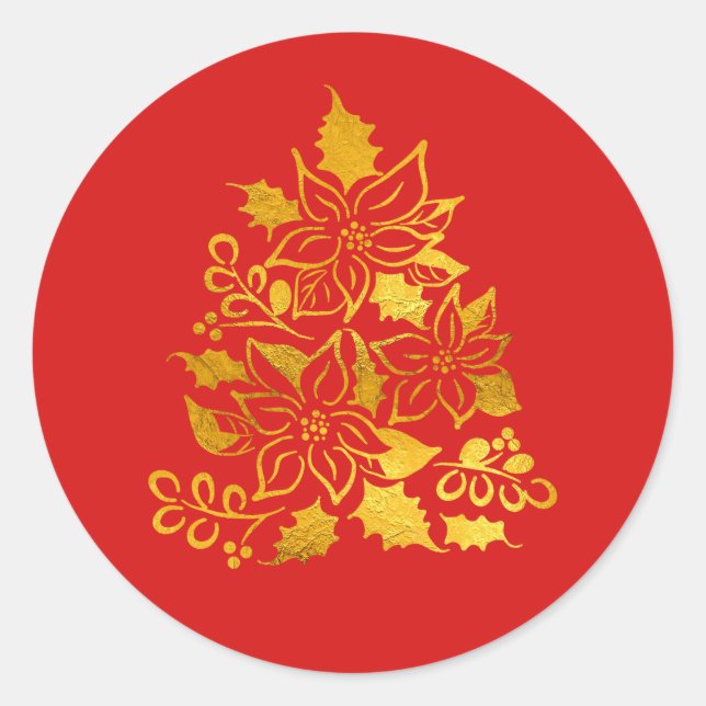 Elegant Gold Foil Poinsettias Christmas Tree Runder Aufkleber (Vorderseite)