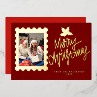 Elegant Gold Foil Postage Stamp Merry Christmas Folien Feiertagskarte