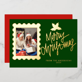 Elegant Gold Foil Postage Stamp Merry Christmas Folien Feiertagskarte