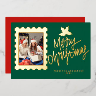 Elegant Gold Foil Postage Stamp Merry Christmas Folien Feiertagskarte