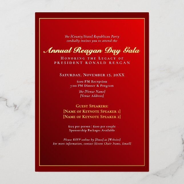 Elegant Gold Foil Reagan Day Gala Fundraiser Folieneinladung (Vorderseite)