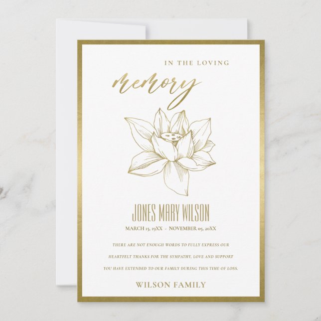 ELEGANT GOLD FOIL WASSER LILY BEILEID MEMORIAL DANKESKARTE (Vorderseite)