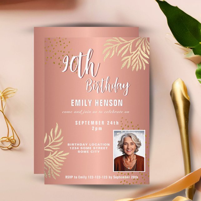  Elegant Gold Foliage 2 Photo 90th Birthday Party  Einladung (Von Creator hochgeladen)