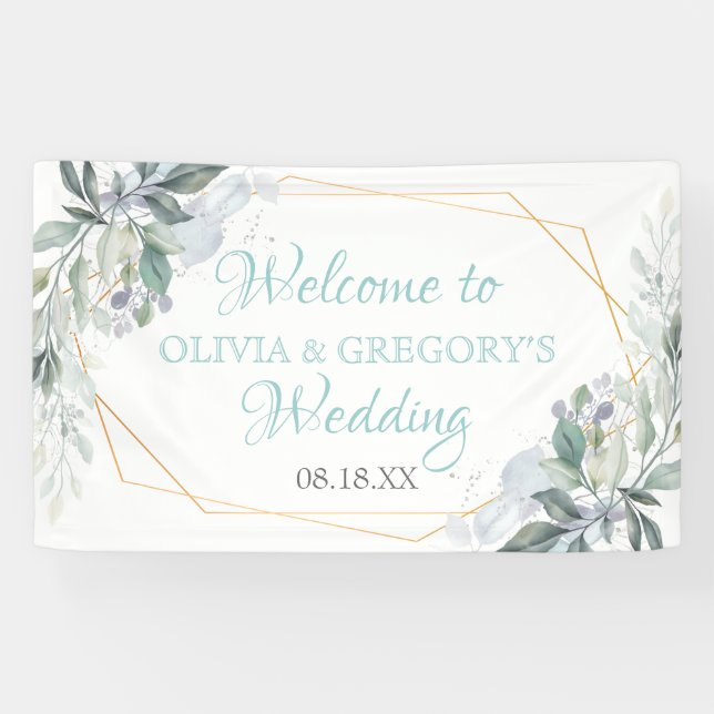 Elegant Gold Frame Greenery Dusty Blue Wedding Banner (Horizontal)