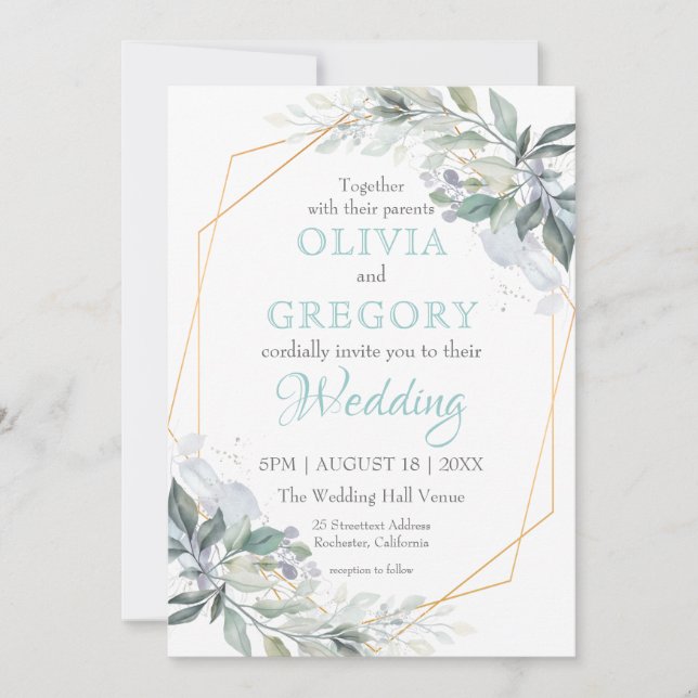Elegant Gold Frame Greenery Dusty Blue Wedding Einladung (Vorderseite)