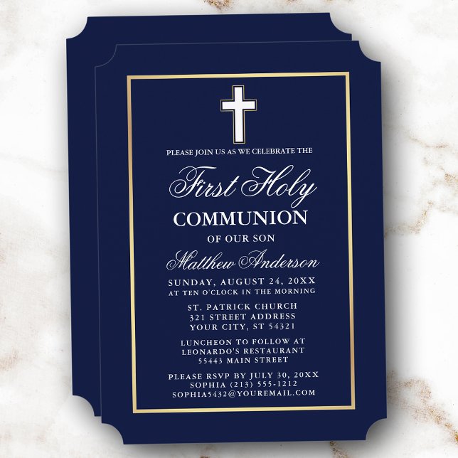 Elegant Gold Frame Navy Blue First Holy Communion Einladung (Customize to change text size, style or color. )
