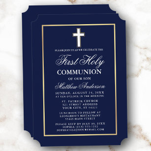 Elegant Gold Frame Navy Blue First Holy Communion Einladung