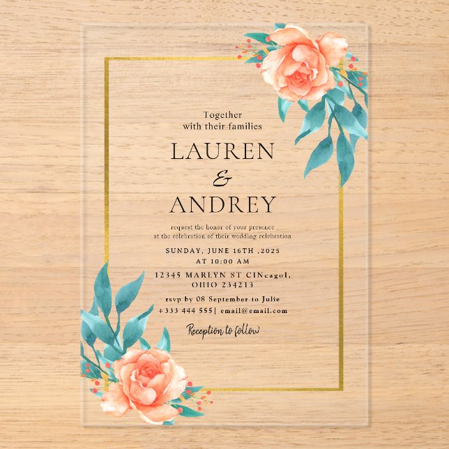Elegant Gold Frame Wedding  Acryleinladungen (Vorderseite)