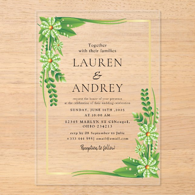 Elegant Gold Frame Wedding  Acryleinladungen (Vorderseite)