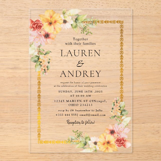 Elegant Gold Frame Wedding  Acryleinladungen (Vorderseite)