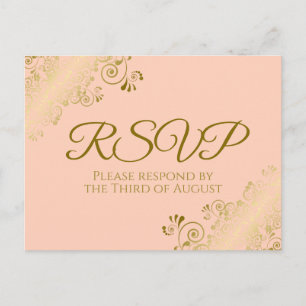 Elegant Gold Frills on Coral Peach Wedding RSVP Postkarte