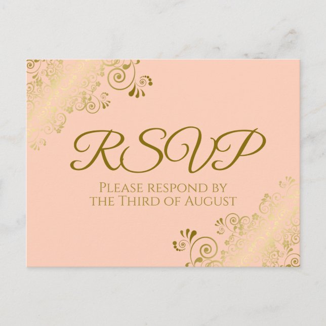 Elegant Gold Frills on Coral Peach Wedding RSVP Postkarte (Vorderseite)