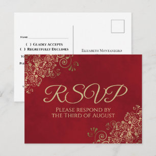 Elegant Gold Frills on Crimson Red Wedding RSVP Postkarte
