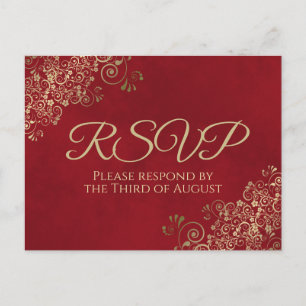 Elegant Gold Frills on Crimson Red Wedding RSVP Postkarte