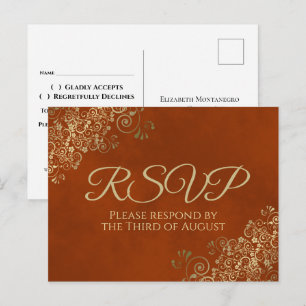 Elegant Gold Frills on Rust Orange Wedding RSVP Postkarte